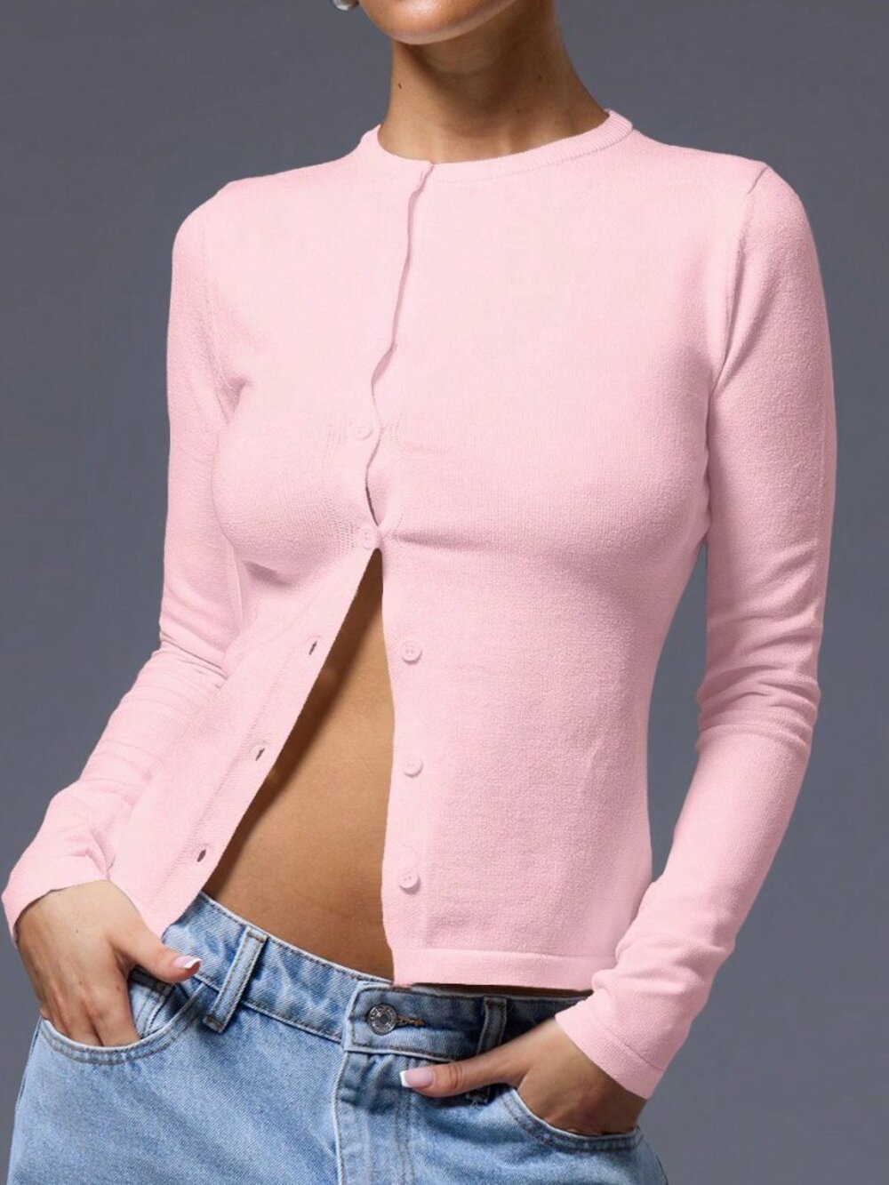 Baby Pink Casual Women's Y2k Cute Button Down Long Sleeve Sweater